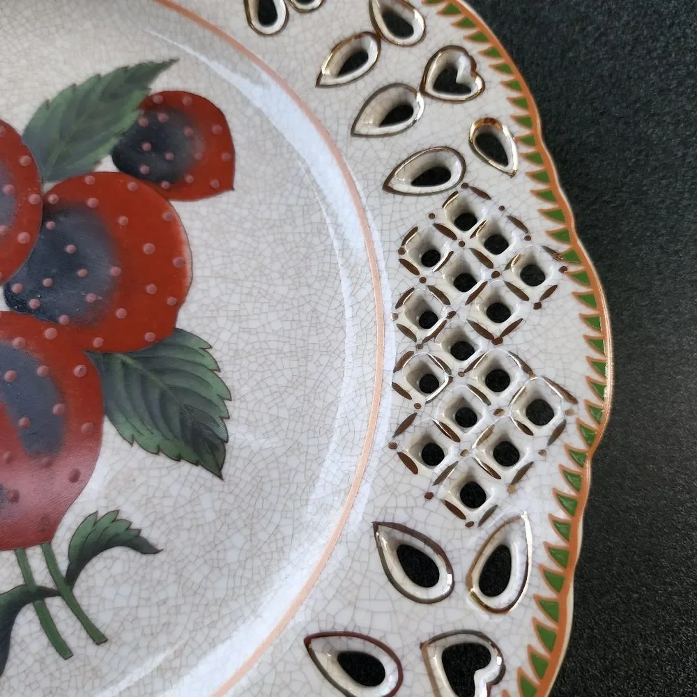 Set of Two Vintage Reticulated Porcelain Plates With Botanical Fruit Design 10.5